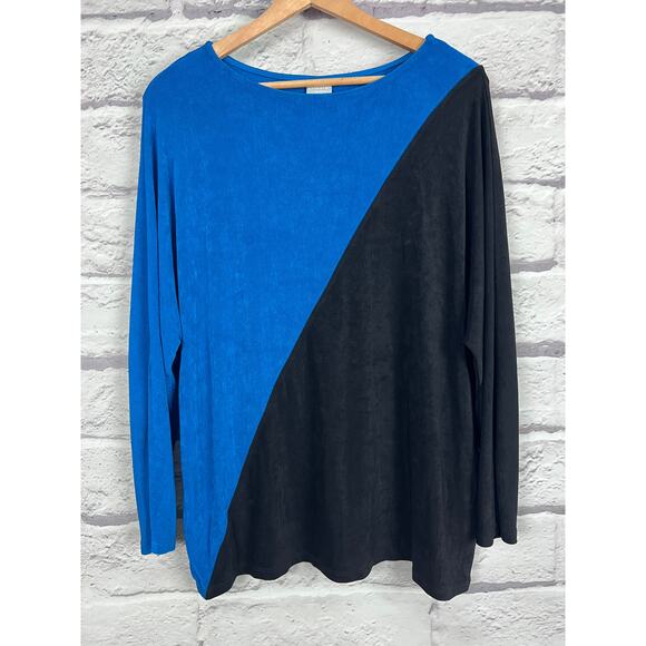 CHICO'S Women's L (2) Blue Black Colorblock Acetate Slinky Stretch USA Made Top - Picture 8 of 8
